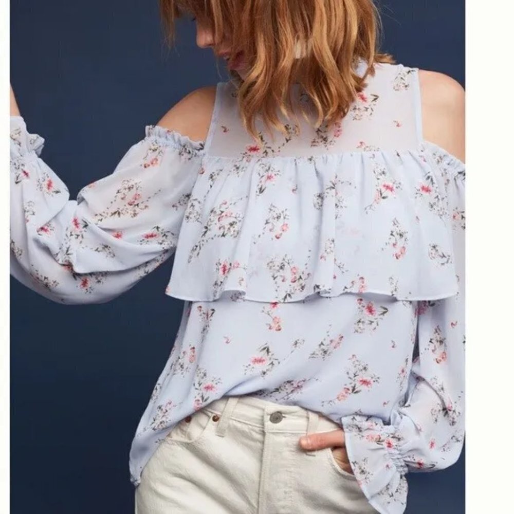 Anthropologie Light Blue Floral Cold-Shoulder Ruffle Blouse